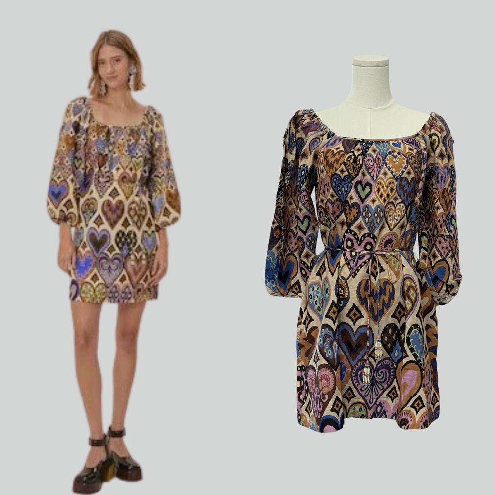 NWT FARM RIO Hearts Ikat Linen Dress sz Small Balloon Bubble Sleeve Boho Paisley